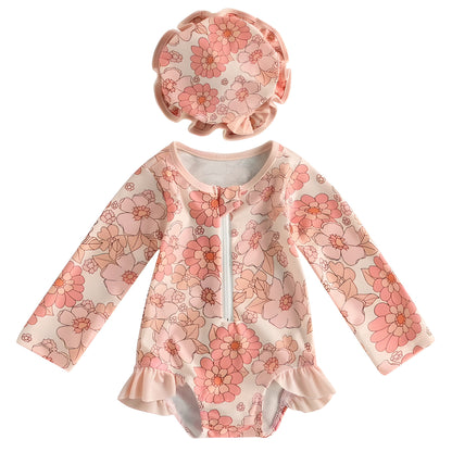 0-3Y Girl Rash Guard Swimsuit Long Sleeve with Sun Hat