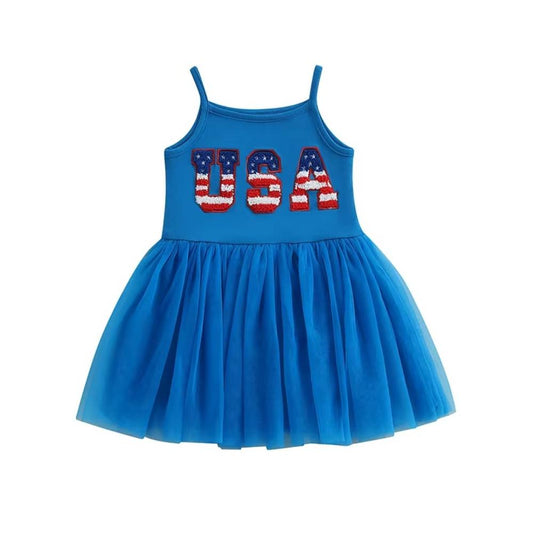 Toddler Girl 4th of July Tulle Dress with USA Letters