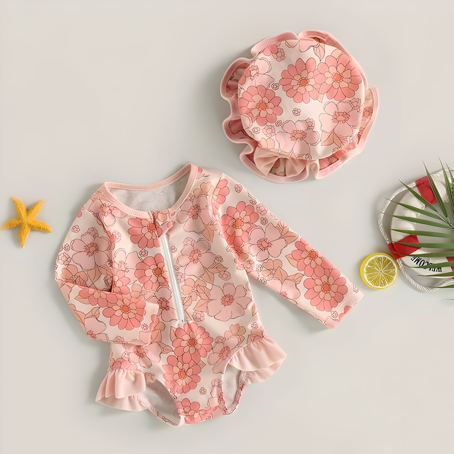 0-3Y Girl Rash Guard Swimsuit Long Sleeve with Sun Hat