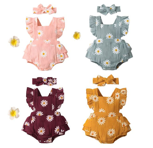 Baby Girl Romper Boho Ruffle Sleeveless Newborn Bodysuit with Headband